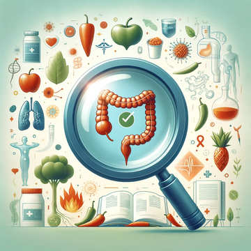 Digestive health myths debunked, featuring a magnifying glass over a blend of healthy foods and a stylized digestive system, with contrasting myth-fact visuals of spicy foods.