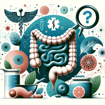 Anatomical illustration of the digestive system with medical symbols, water, and herbal elements, depicting enemas and colonics inquiry.