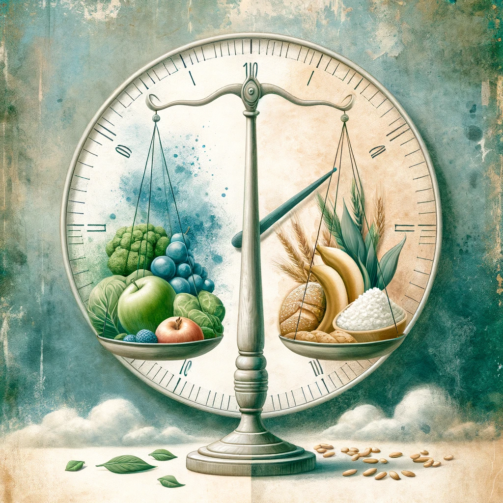 Balanced scale with healthy foods and empty side, symbolizing the balance of fasting and nutrition, against a clock background.
