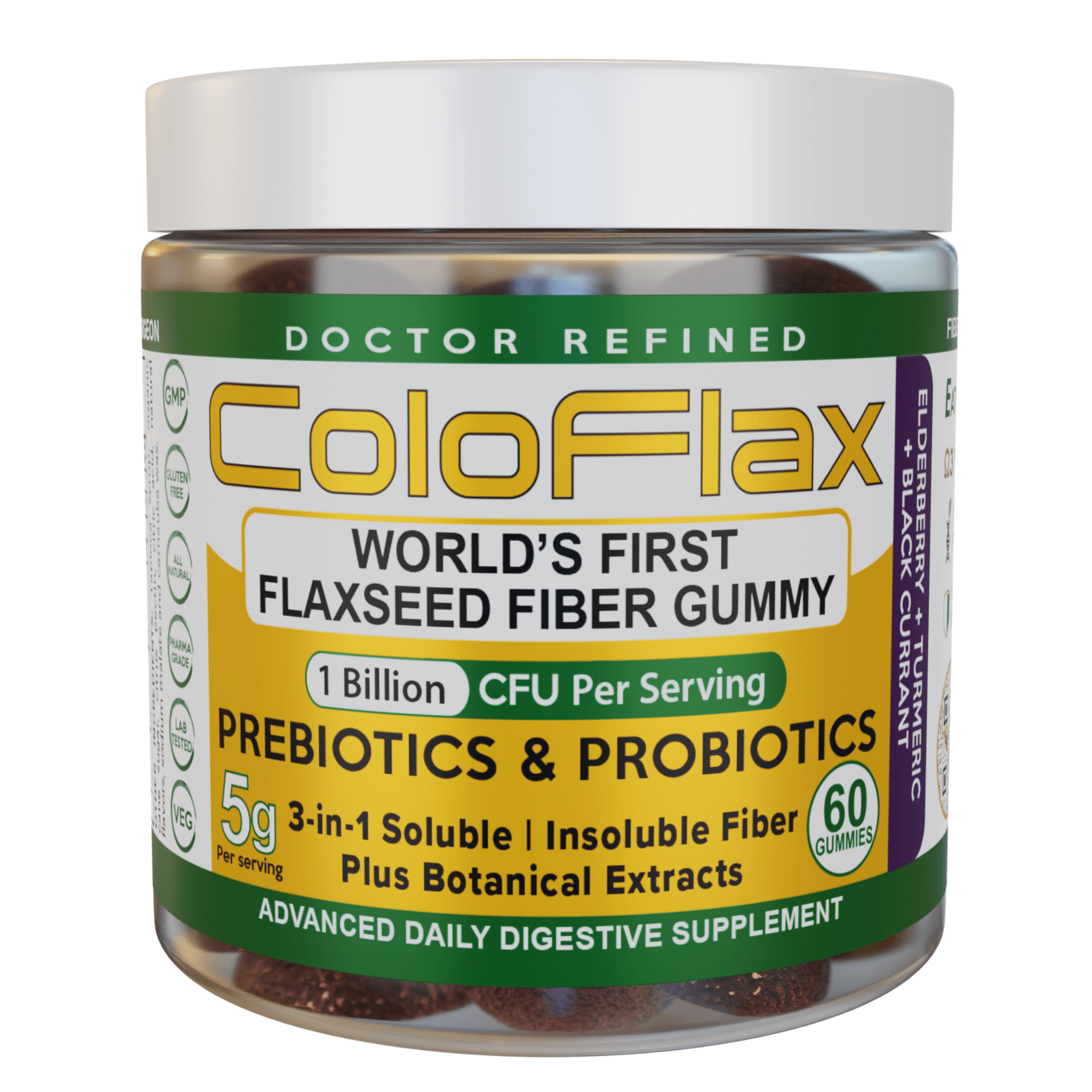 ColoFlax Flaxseed Fiber Gummies, Elderberry, Turmeric and Black Currant flavor (Gluten-Free)